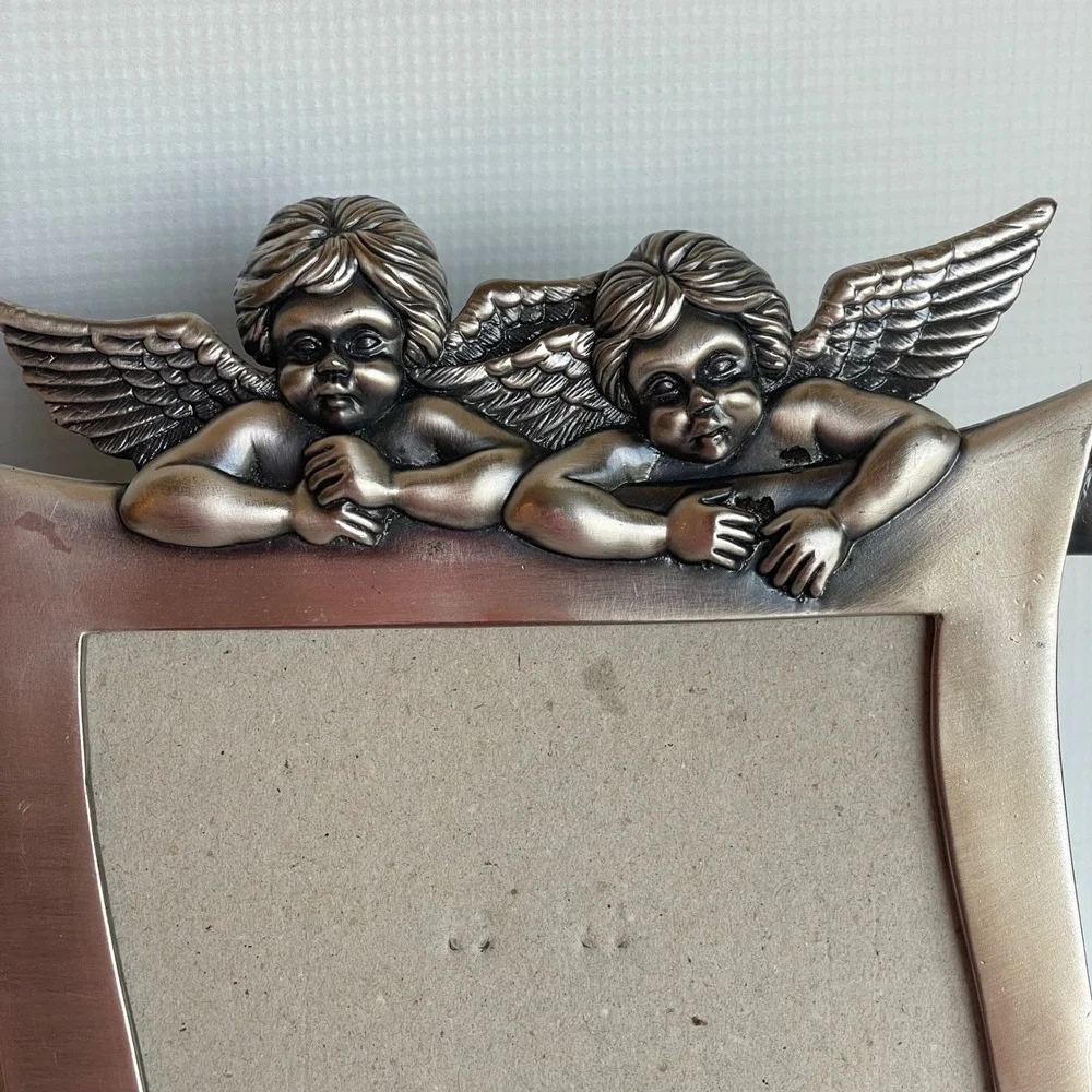 Cherub Scroll Picture Frame Pewter Tone Angel 5x5 Vintage Style Tabletop Decor